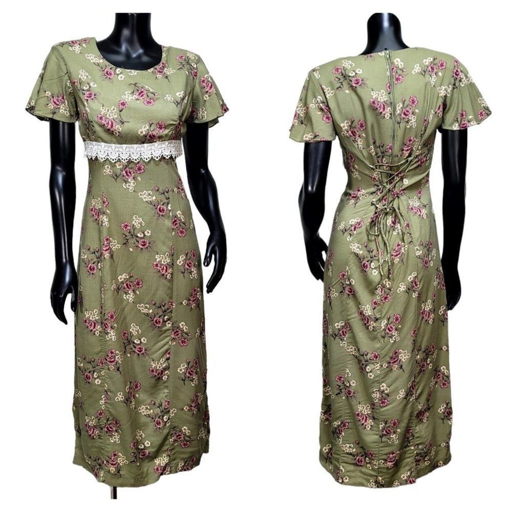 Vintage‎ 90s Basic Editions 5/6 Green Floral Tie Back Waist Midi Dress Cottage
